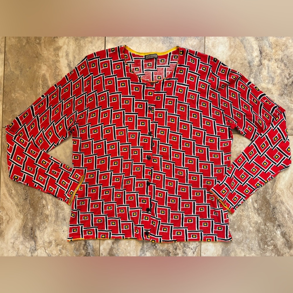Maliparmi Red Abstract Print Soft Cotton Button Down Cardigan Women’s Size XL